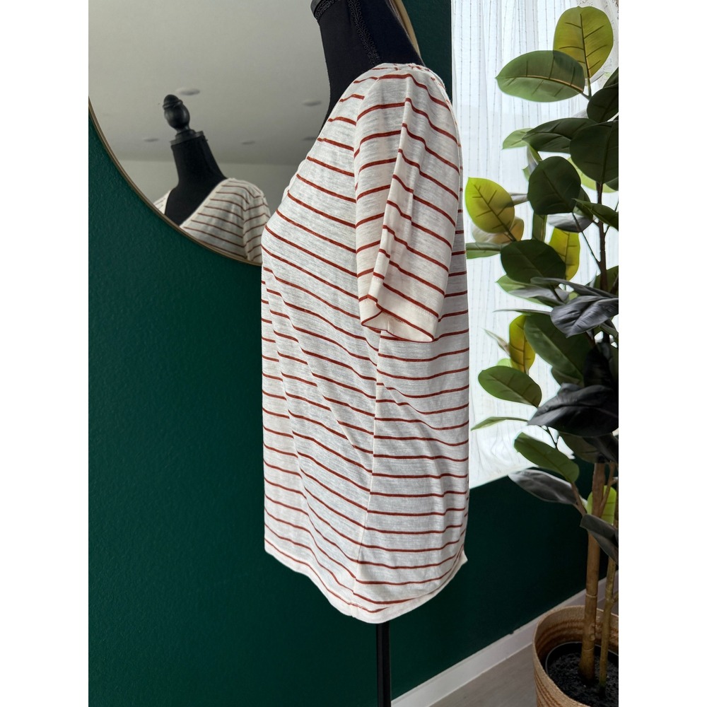 Lucky Brand Venice Burnout Striped V-Neck T-Shirt White Rust Orange Large - Picture 2 of 8
